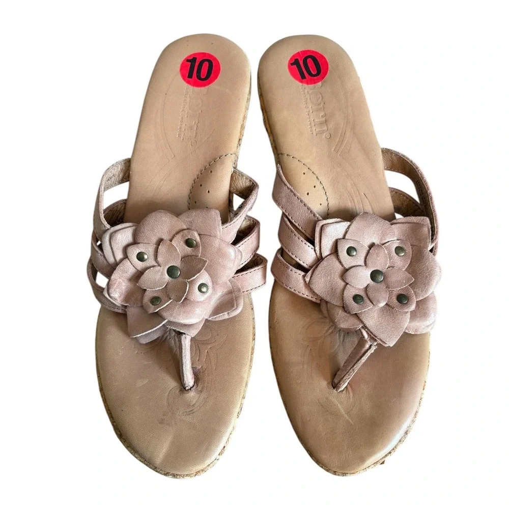 Born Womens Rose Leather Floral‎ Studded Cork Wedge Thong Sandals Size 10
